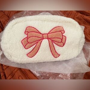 Rock Paper Scissors White Fleece Pouch with Pink Bow NEW